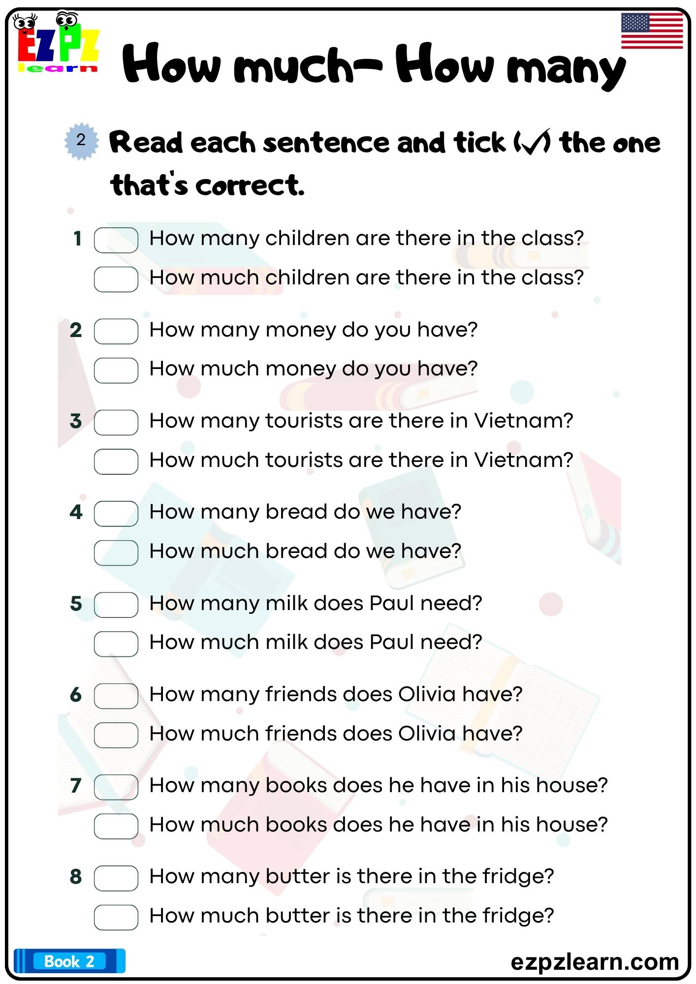Countable and Uncountable Nouns How Much or How Many Read and Check the Correct Answers American English Bk2 pdf